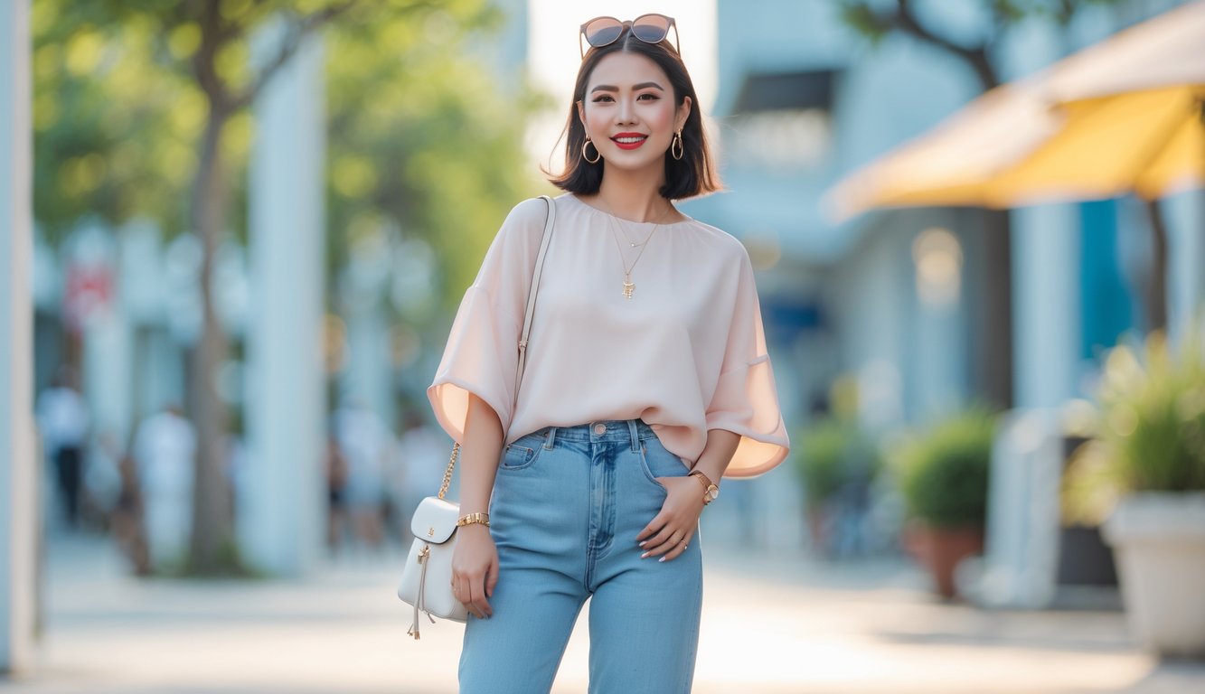 Seorang wanita muda berdiri di luar ruangan dengan pakaian kasual dan nyaman, tersenyum santai di lingkungan perkotaan.