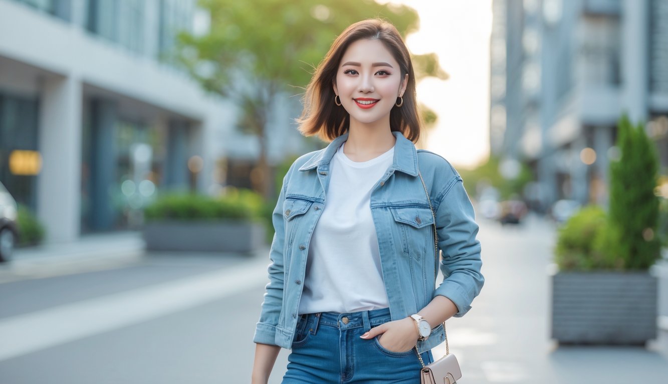 Seorang perempuan muda berdiri di jalan kota dengan pakaian kasual yang nyaman dan modis, latar belakang gedung dan tanaman hijau.