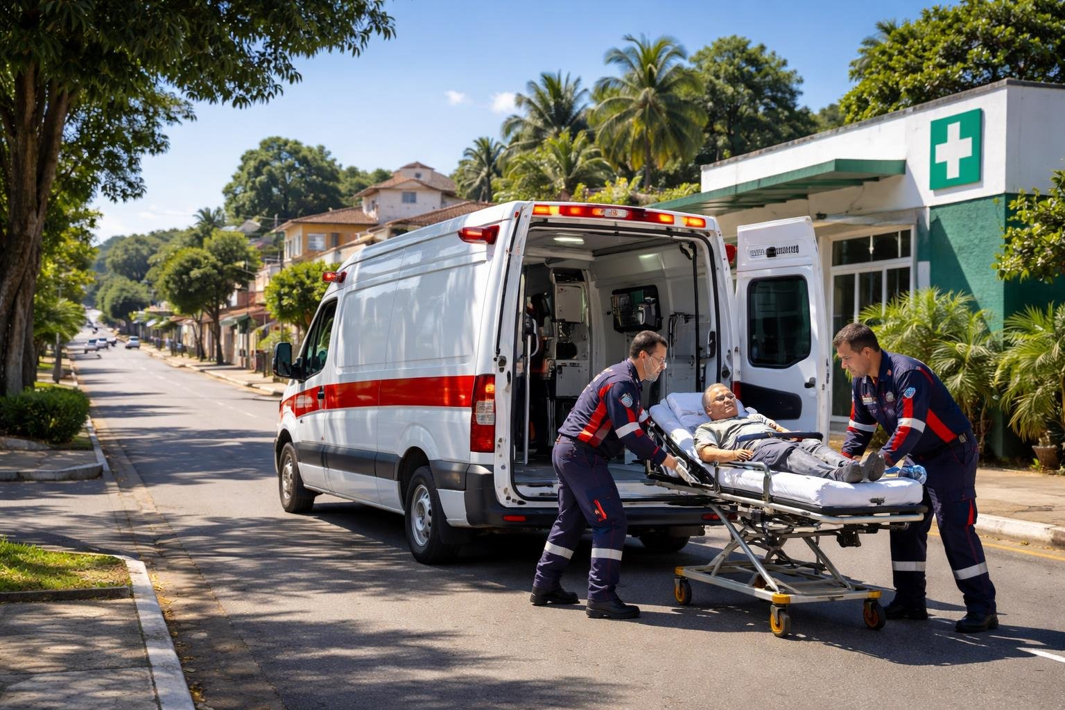 Ambulância estacionada em uma rua urbana de Mariópolis com paramédicos atendendo um paciente em uma maca durante o dia.