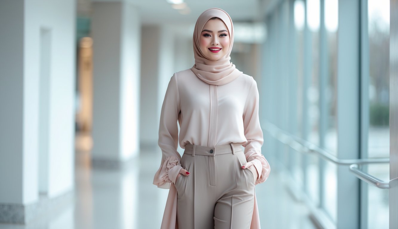 Seorang wanita muda mengenakan hijab dan pakaian modis berdiri di luar ruangan dengan latar belakang kota yang cerah.