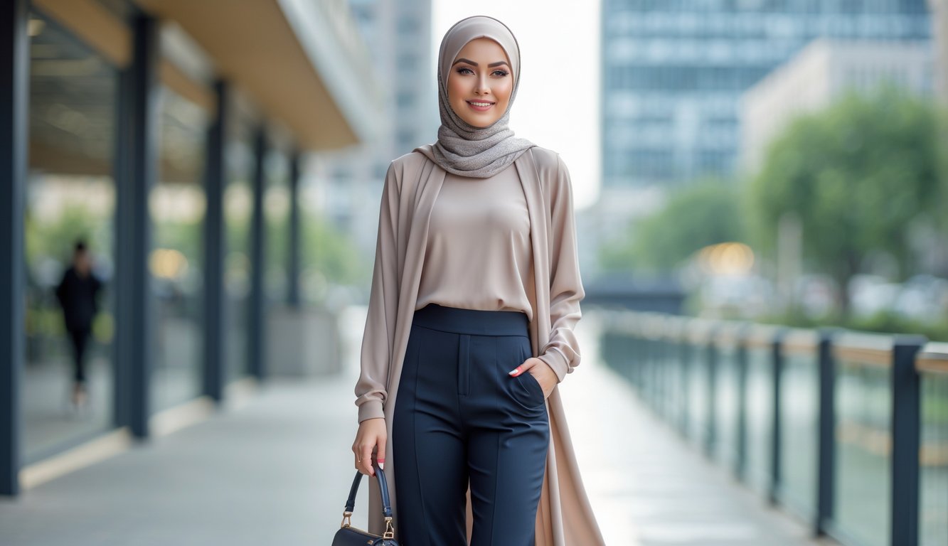 Seorang perempuan muda berhijab berdiri di luar ruangan dengan pakaian modis dan modern, tersenyum dengan latar belakang kota yang samar.