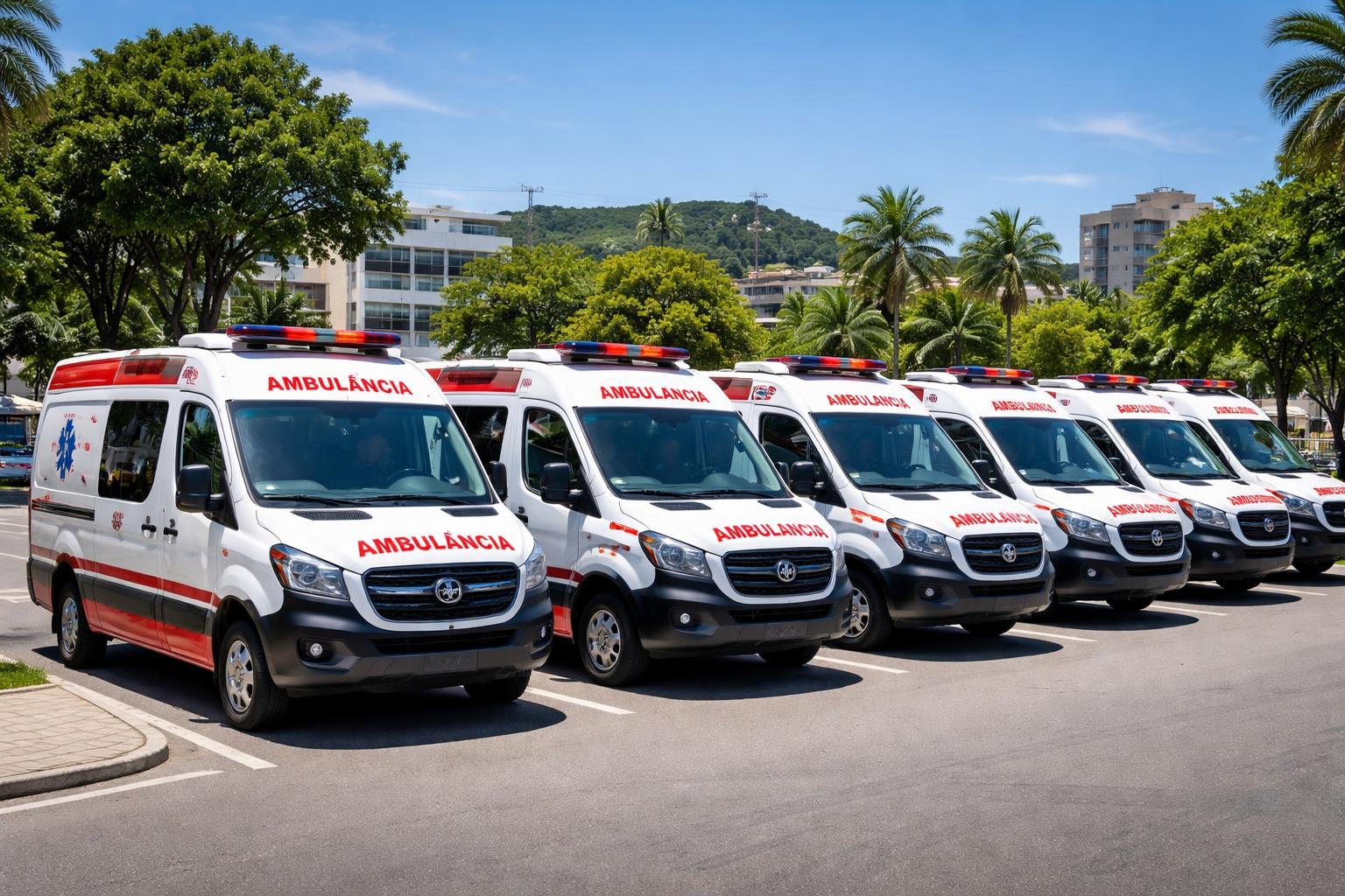 Vista panorâmica de várias ambulâncias estacionadas em Vitorino durante o dia.