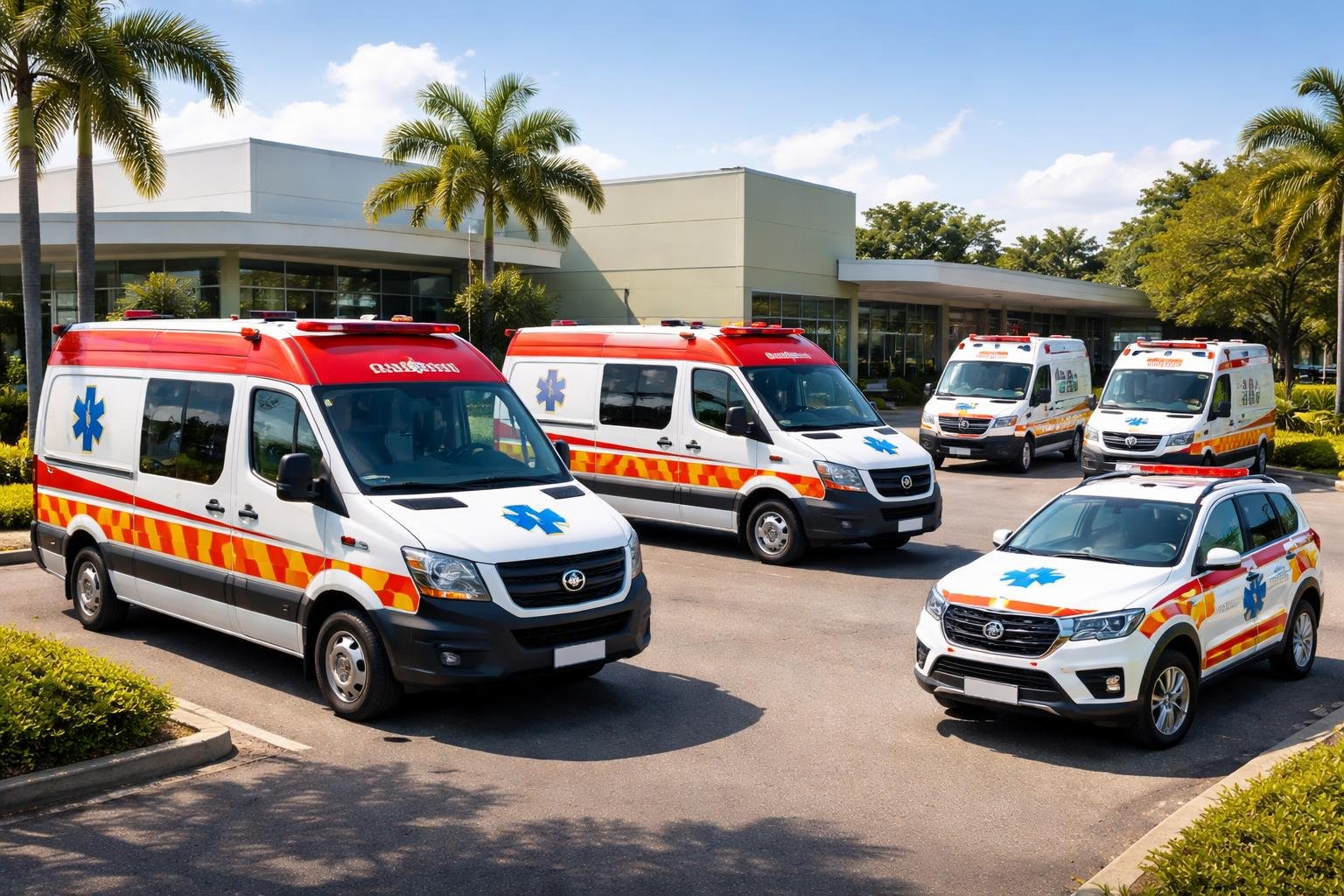 Vários tipos de ambulâncias estacionadas em área externa próxima a uma unidade médica em Vitorino.