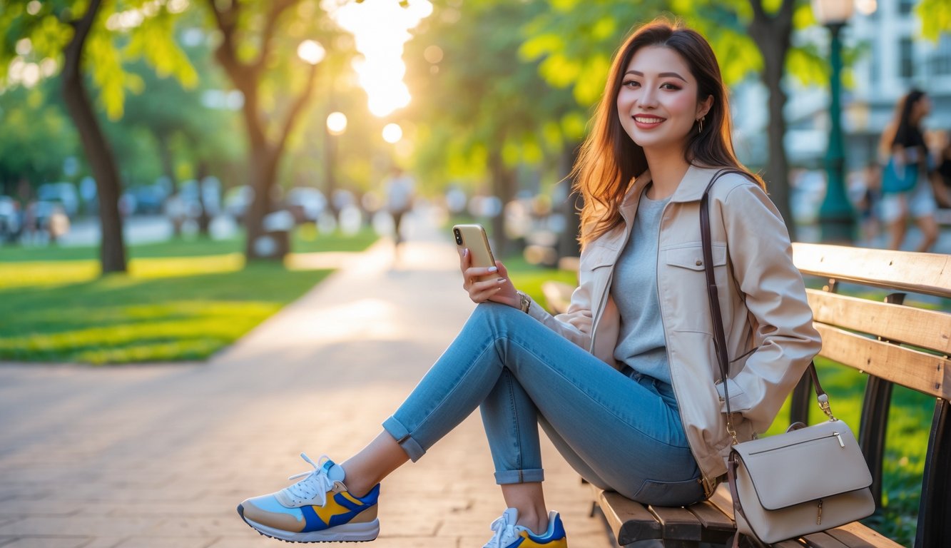 Seorang perempuan muda berjalan santai di taman kota dengan pakaian kasual yang modis, tersenyum sambil membawa tas kecil dan ponsel.
