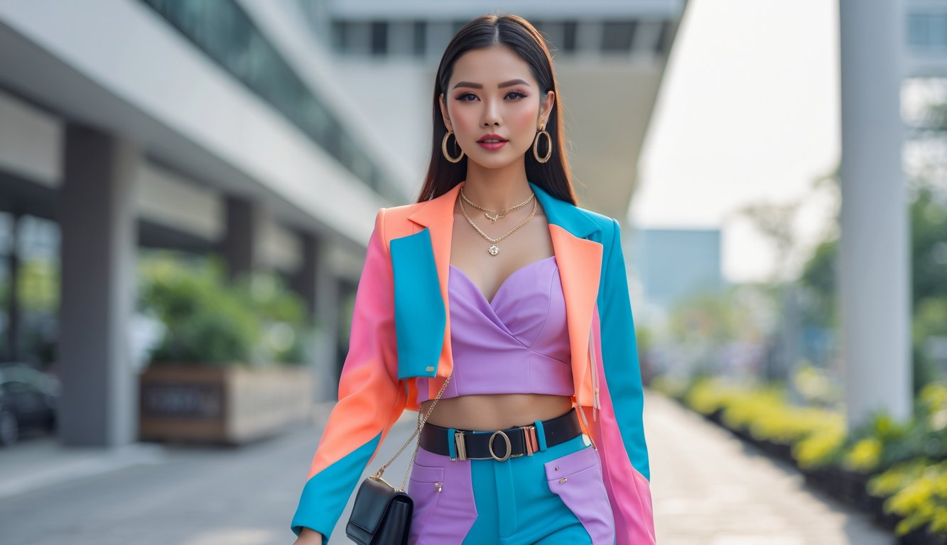 Seorang perempuan muda berdiri di luar ruangan dengan pakaian modis dan latar belakang kota modern.