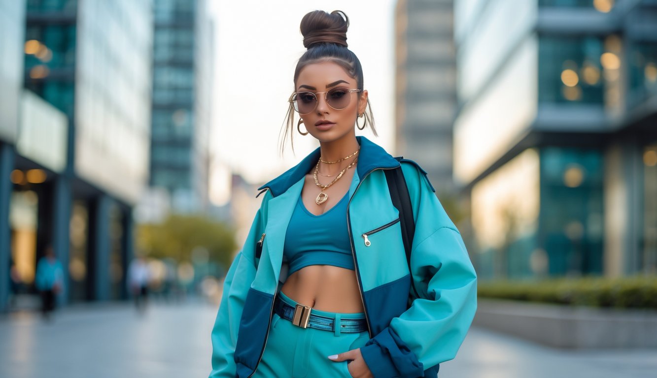 Seorang wanita muda berdiri di luar ruangan dengan latar kota modern, mengenakan pakaian trendi dan aksesori modis, menatap ke arah kamera dengan ekspresi percaya diri.