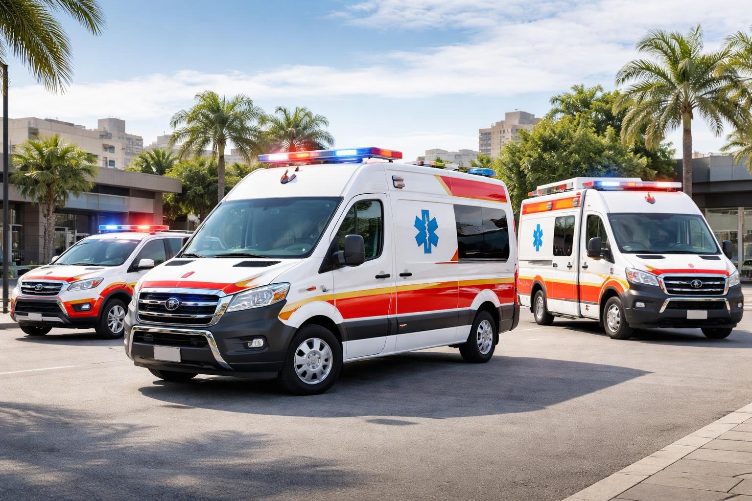 Vários tipos de ambulâncias estacionadas em uma área urbana, mostrando diferentes veículos de emergência disponíveis em Renascença.