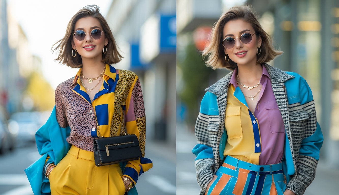 Seorang perempuan muda berdiri di jalan kota dengan pakaian modis yang dipadupadankan, mengenakan blus bermotif, celana panjang, dan sepatu kasual, sambil membawa tas tangan.