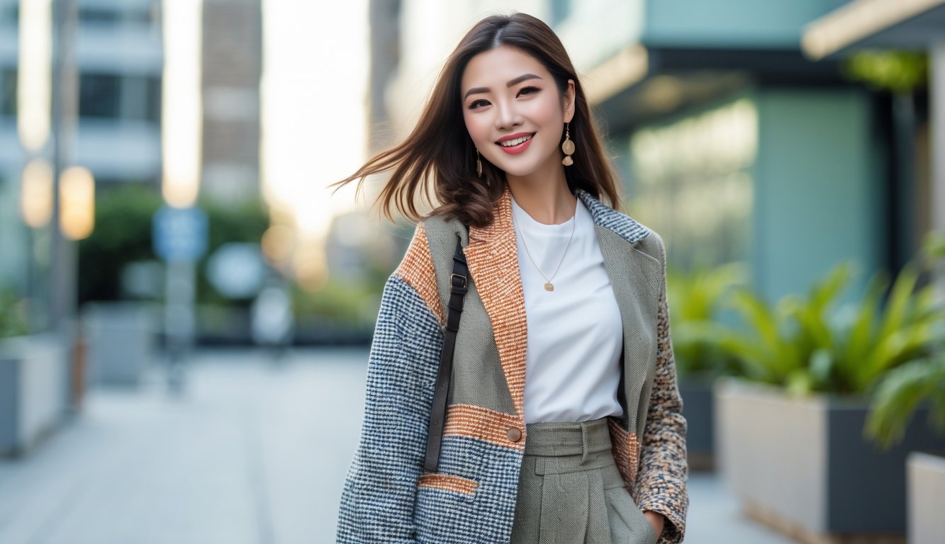 Seorang wanita muda berdiri di lingkungan perkotaan mengenakan pakaian mix and match yang modis dan ceria.