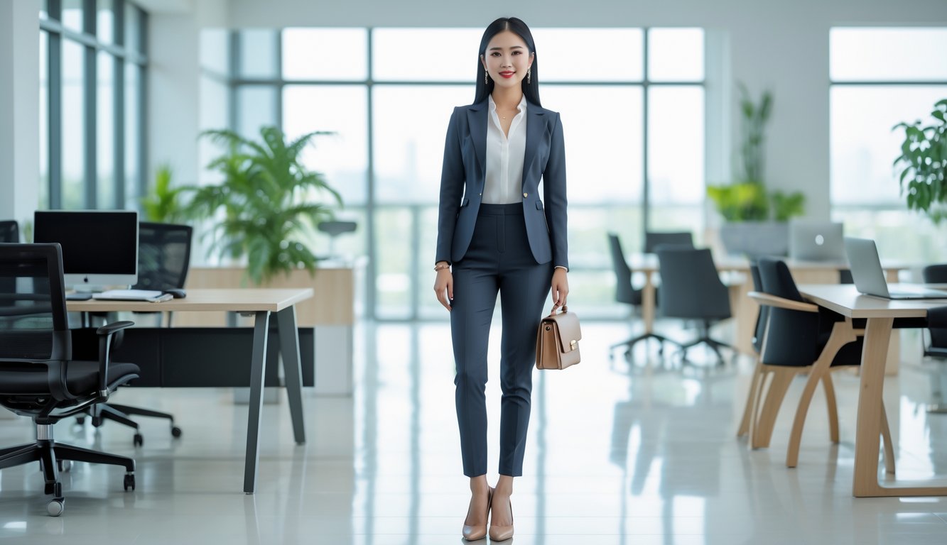 Seorang perempuan muda berdiri di kantor modern mengenakan pakaian formal dengan blazer dan celana panjang, di sekitar terdapat meja, kursi, dan tanaman hias.