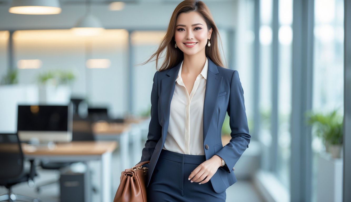 Seorang wanita muda berdiri di kantor dengan pakaian formal yang rapi, tersenyum dan memegang tas kerja.