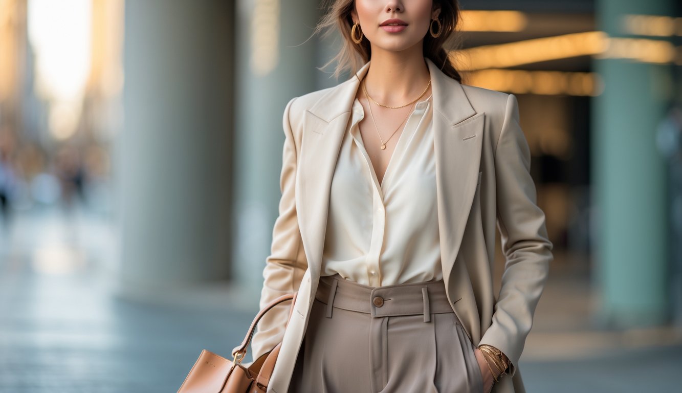 Seorang perempuan muda berdiri dengan pakaian berwarna netral yang elegan di latar kota modern.