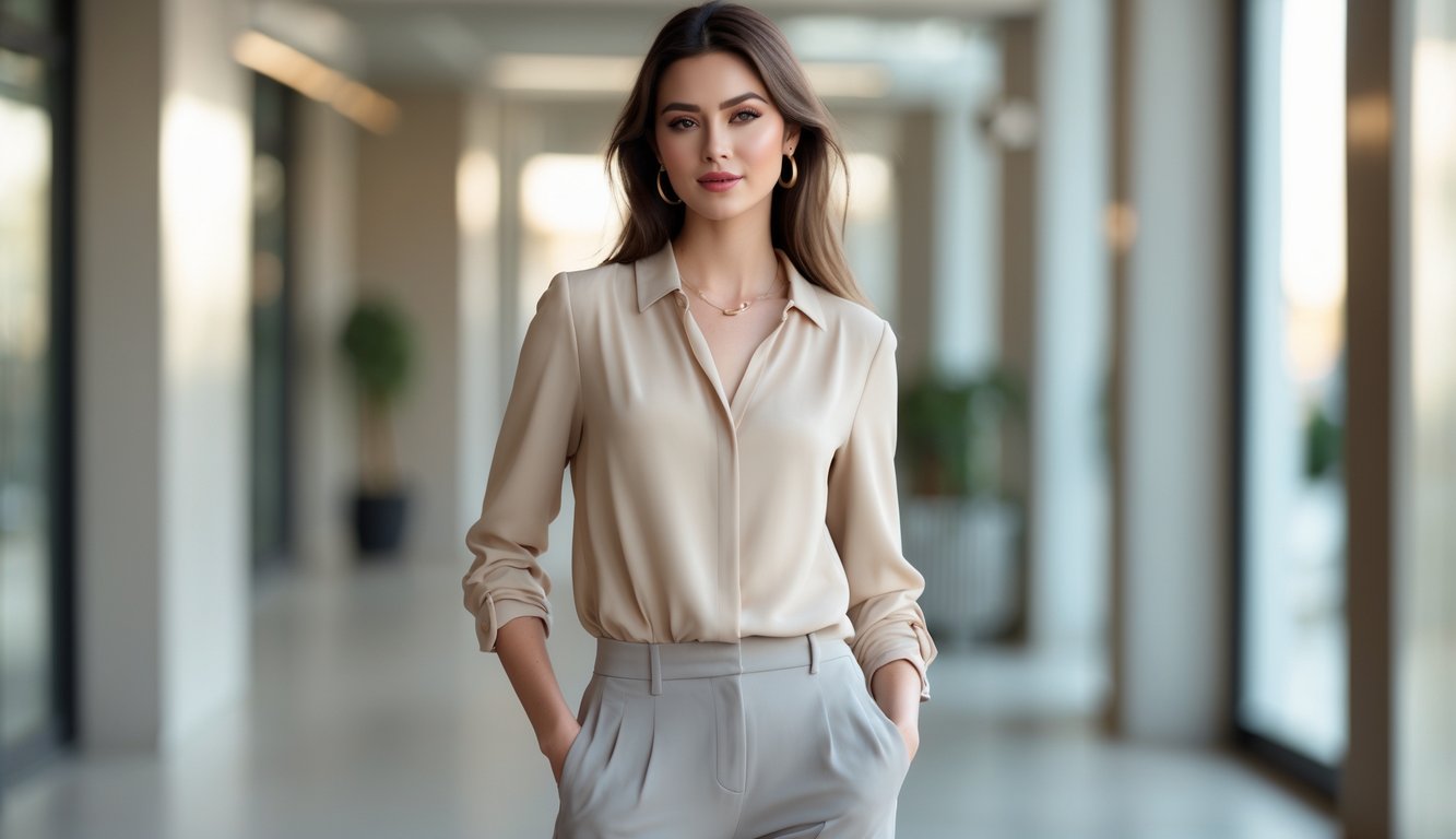 Seorang perempuan mengenakan pakaian berwarna netral berdiri di lingkungan perkotaan dengan latar belakang kabur.