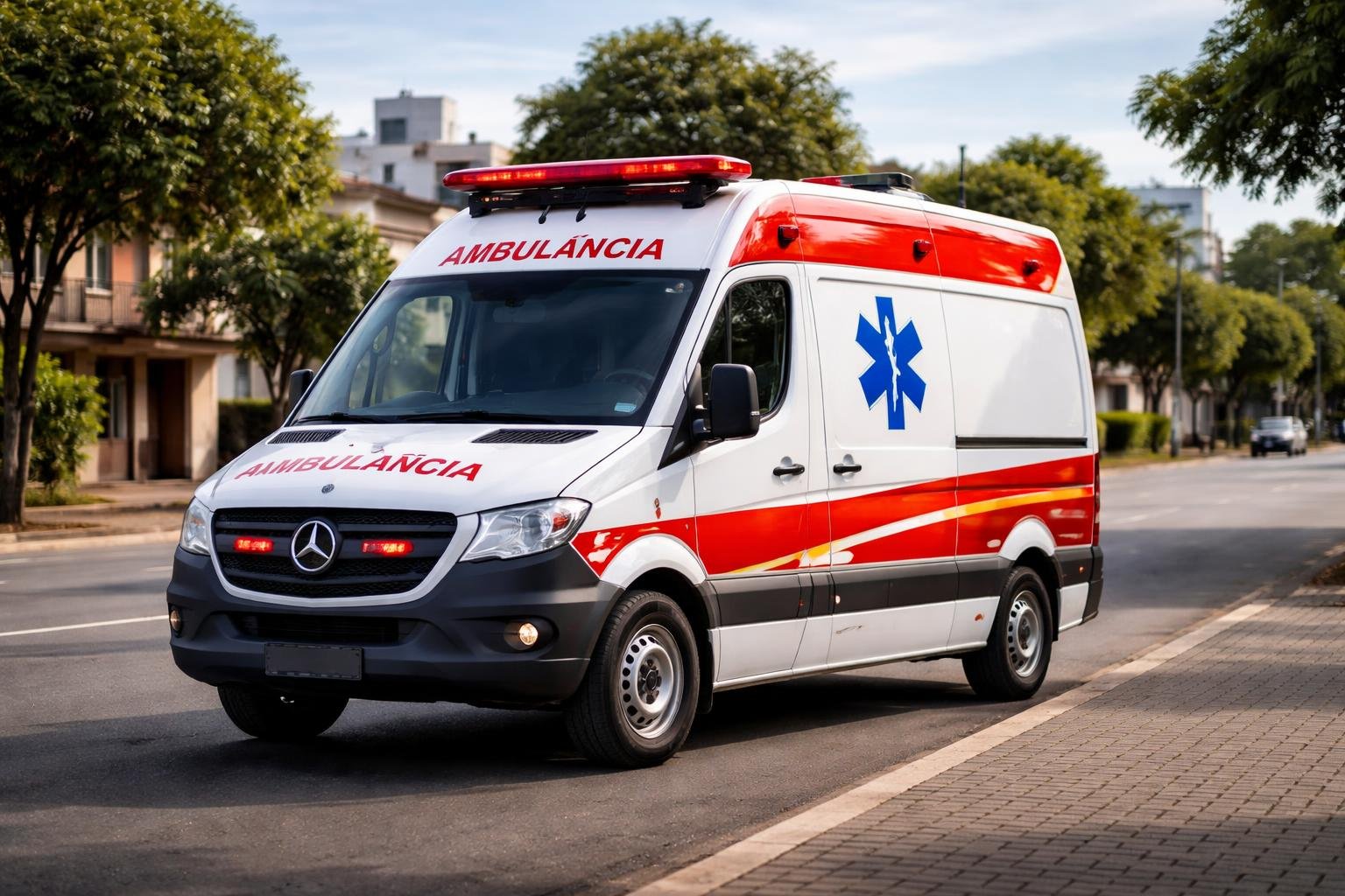 Ambulância moderna estacionada em uma rua limpa de Marmeleiro durante o dia, com prédios residenciais e árvores ao fundo.