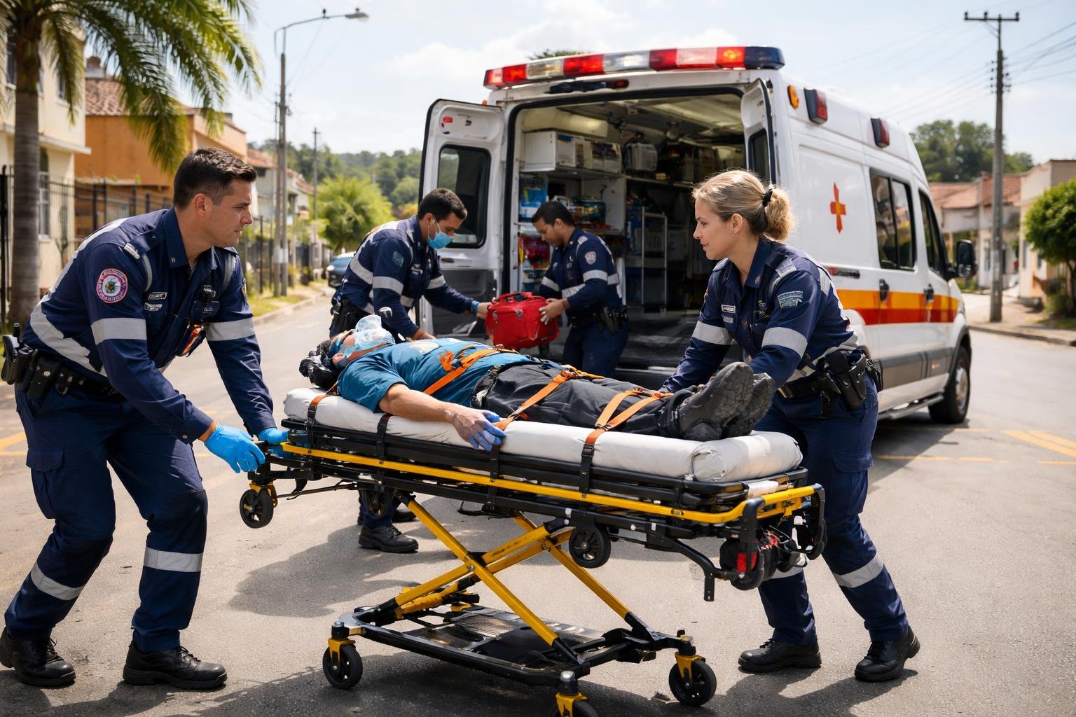 Profissionais de emergência atendendo próximo a uma ambulância em uma área urbana de Marmeleiro.