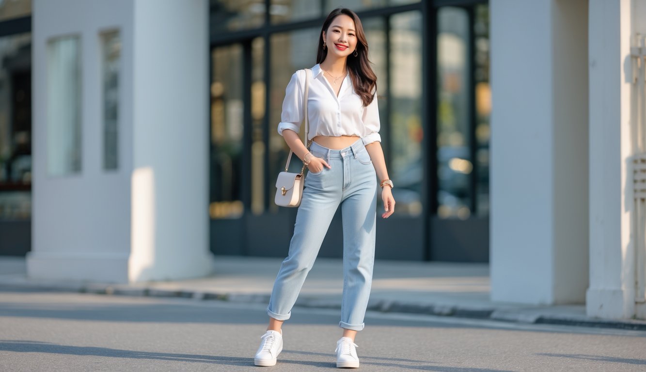 Seorang perempuan muda berdiri di jalan kota dengan pakaian kasual yang menarik dan sederhana, tersenyum dengan latar belakang jalan yang bersih.