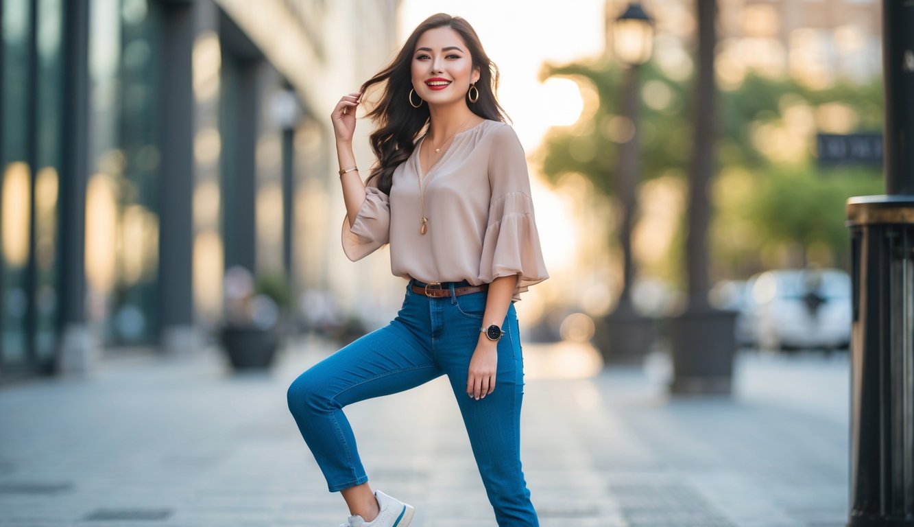 Seorang perempuan muda berpose di luar ruangan dengan pakaian modis dan sederhana, latar belakang kota kabur.