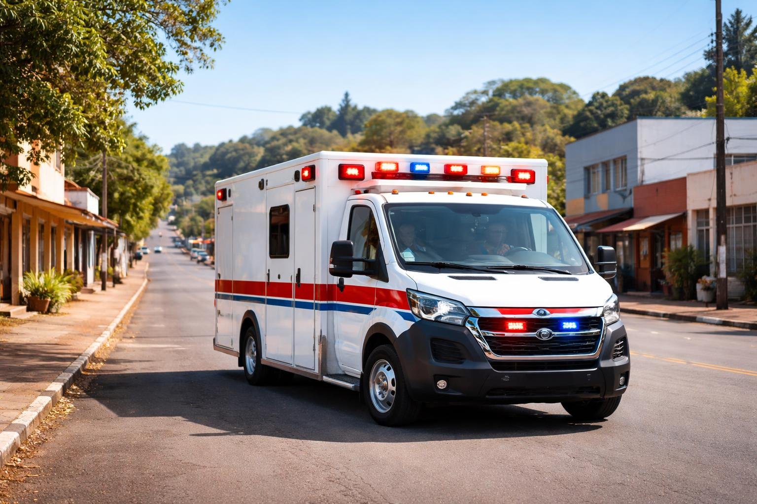 Ambulância branca estacionada em uma rua tranquila de Barracão, com prédios e árvores ao fundo.