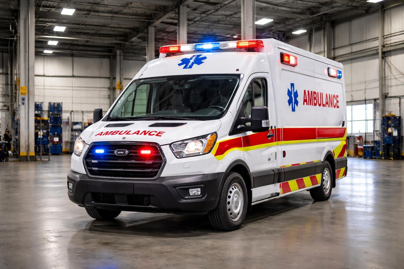 Ambulância moderna estacionada dentro de um barracão industrial amplo e bem iluminado.