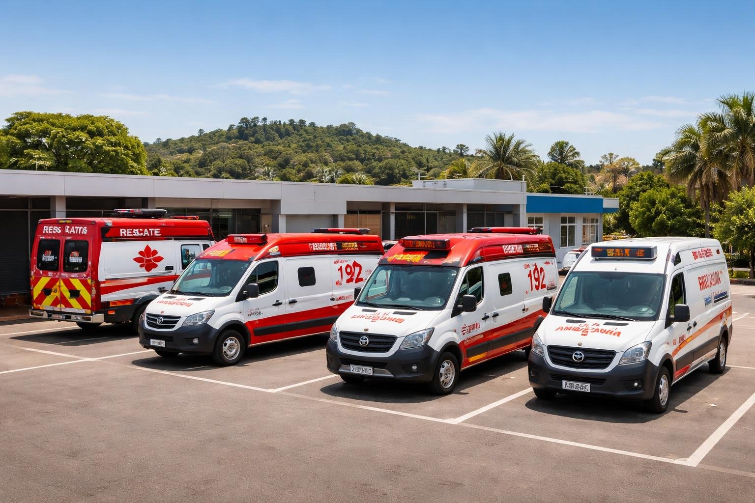 Vários tipos de ambulâncias estacionadas em uma área externa em Enéas Marques, Brasil.