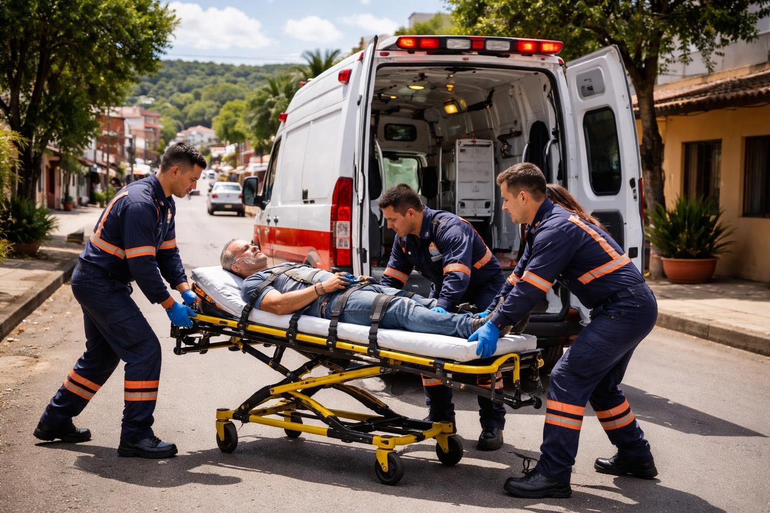 Ambulância estacionada em rua de Enéas Marques com paramédicos atendendo um paciente em uma maca.