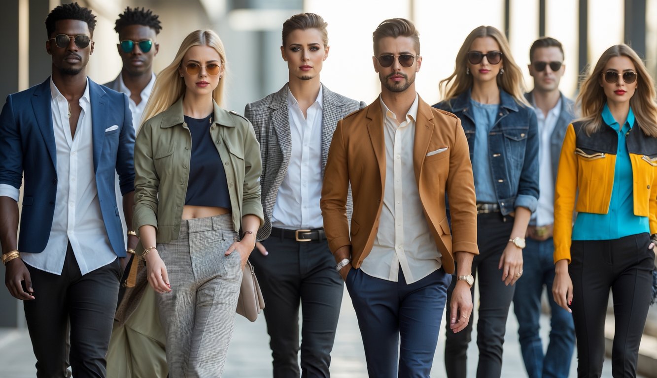 Sekelompok pria dan wanita berpakaian modis sedang berpose di lingkungan perkotaan.