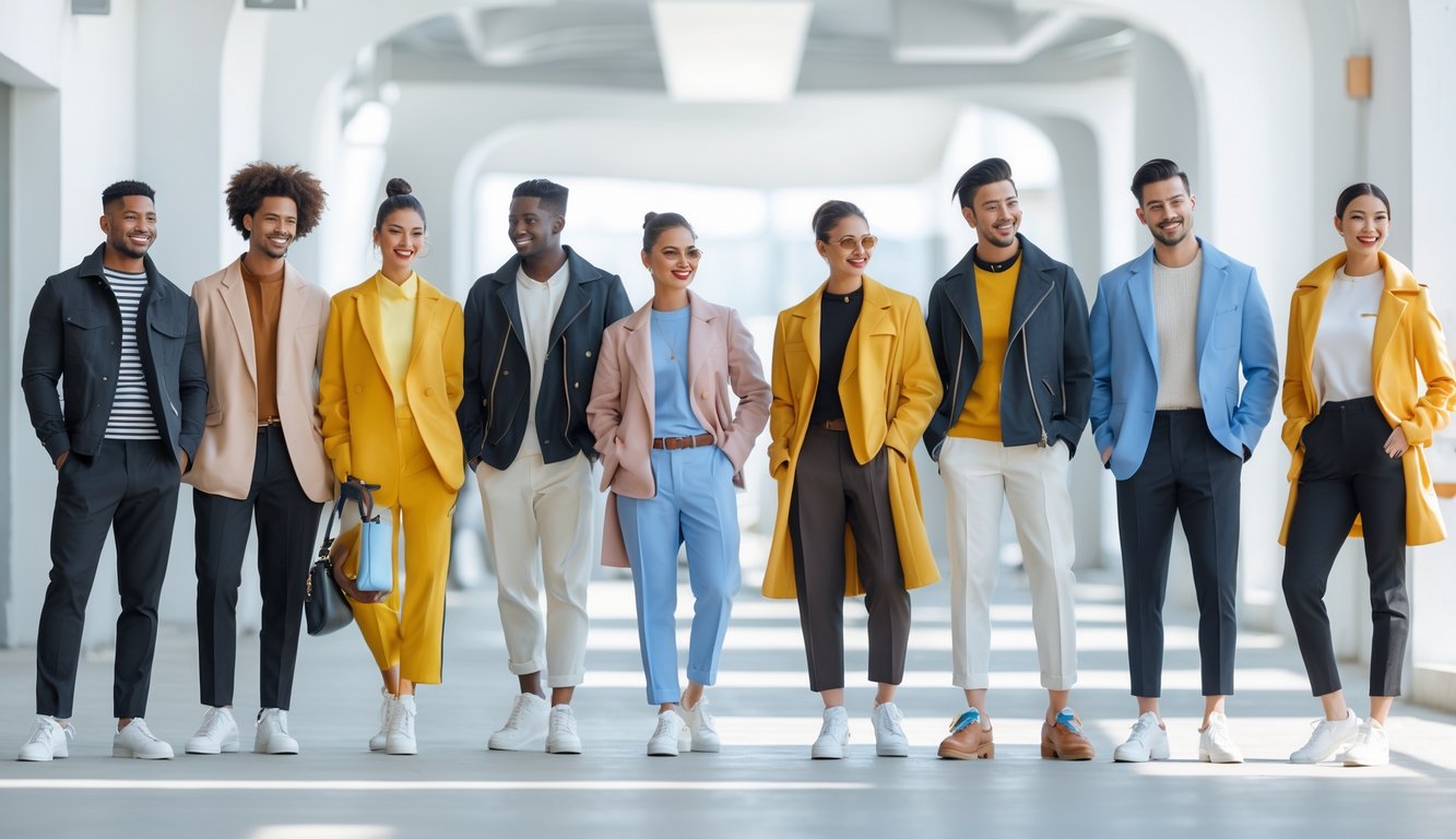 Sekelompok pria dan wanita berpakaian modis sedang berpose bersama di lingkungan perkotaan yang cerah.