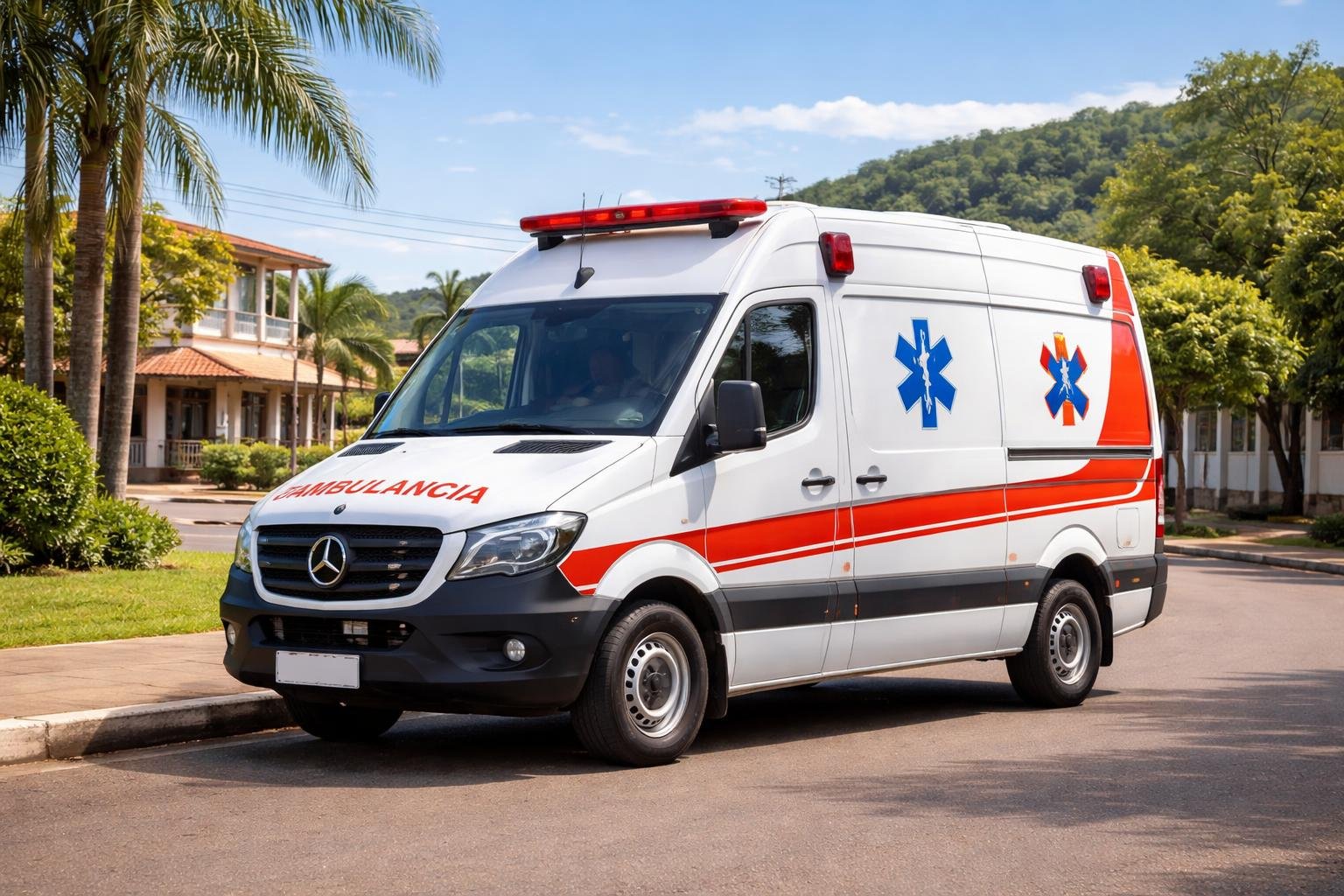 Ambulância estacionada em uma rua limpa e bem cuidada em Nova Esperança do Sudoeste, com prédios pequenos e vegetação ao fundo.