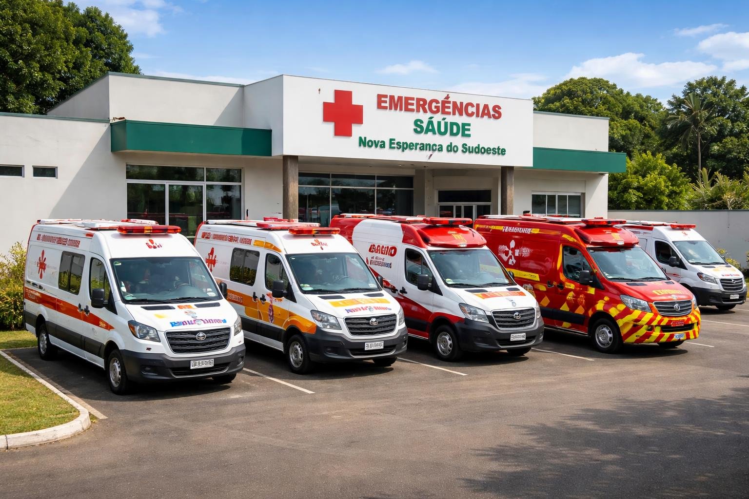 Vários tipos de ambulâncias estacionadas em uma unidade de emergência municipal em Nova Esperança do Sudoeste, com um prédio ao fundo e céu azul.