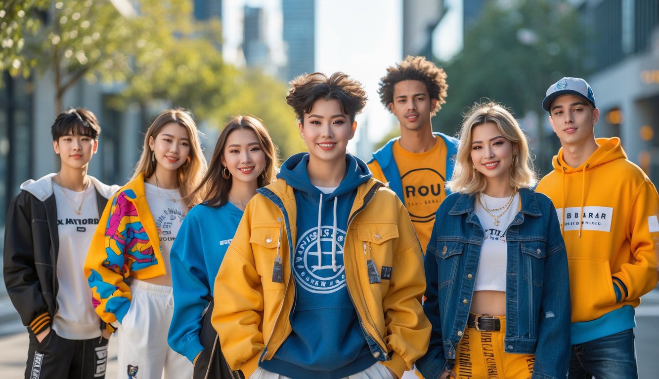 Sekelompok anak muda bergaya modis sedang berpose di luar ruangan di latar kota dengan pakaian kasual dan streetwear yang trendi.