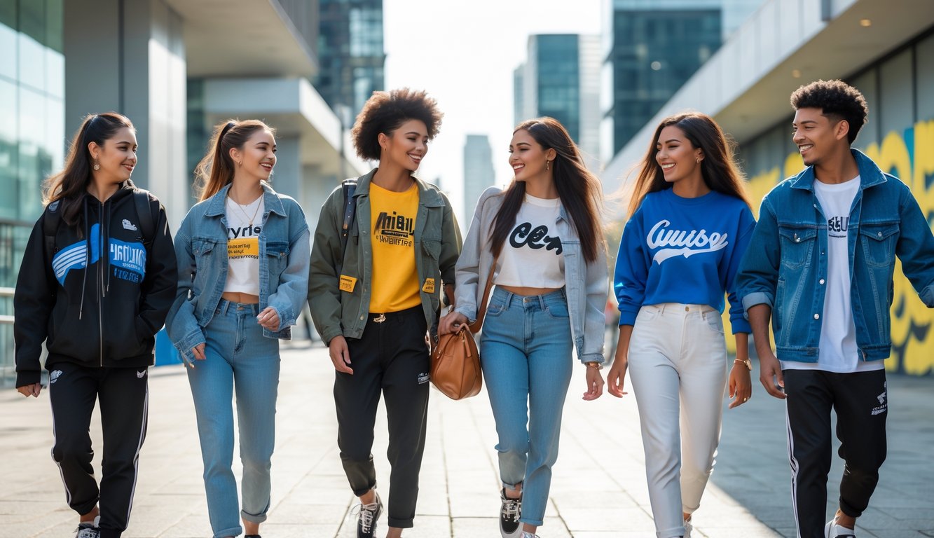 Sekelompok anak muda yang mengenakan pakaian trendi sedang berjalan dan berbicara di lingkungan kota yang modern.