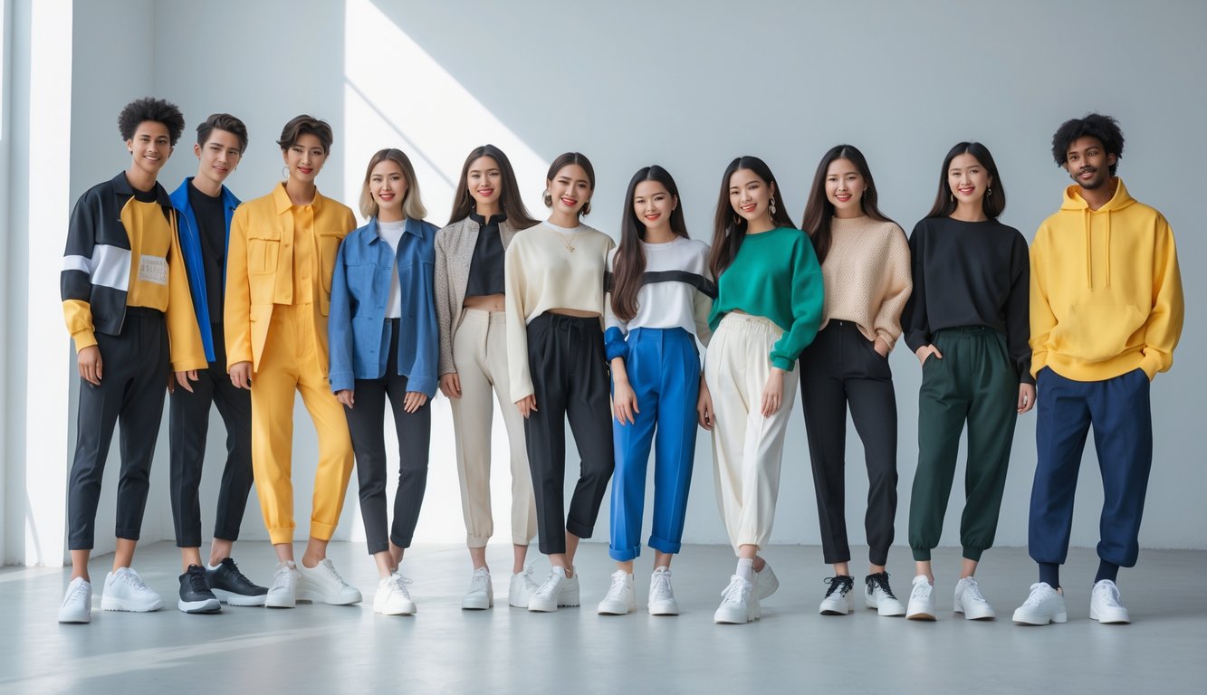 Sekelompok orang muda mengenakan pakaian modis berkualitas tinggi berpose di studio dengan latar belakang bersih.