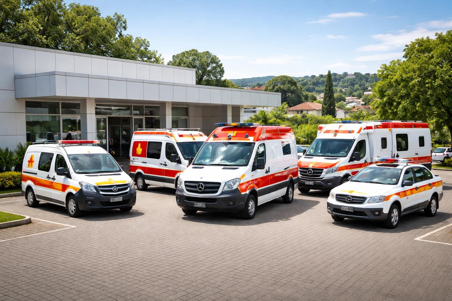 Vários tipos de ambulâncias estacionadas em frente a uma unidade médica em Ampére durante o dia.