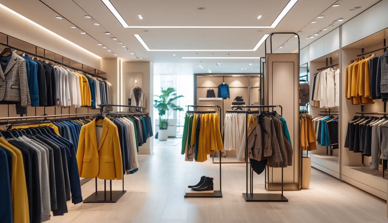 Interior toko pakaian modern dengan pakaian berkualitas premium yang dipajang rapi dan model mengenakan busana kekinian.