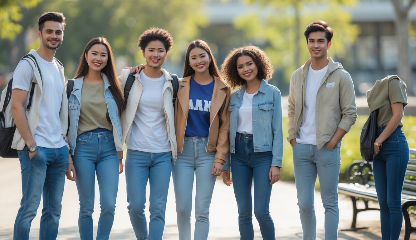 Sekelompok orang muda mengenakan pakaian kasual nyaman sedang berinteraksi di luar ruangan dengan latar belakang taman dan sinar matahari.