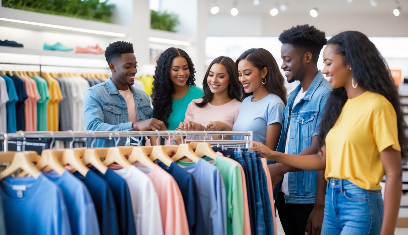 Sekelompok orang muda memilih dan mencoba pakaian kasual yang nyaman di dalam toko pakaian yang terang dan modern.