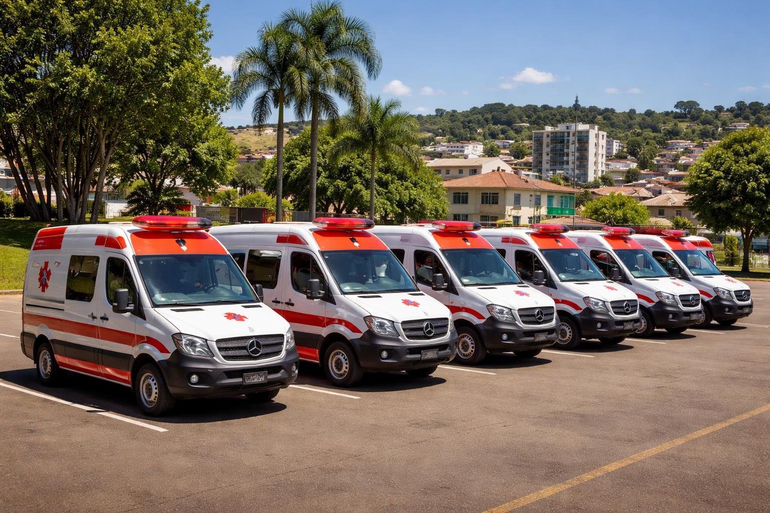 Vista panorâmica de várias ambulâncias estacionadas em Santo Antônio do Sudoeste durante o dia.