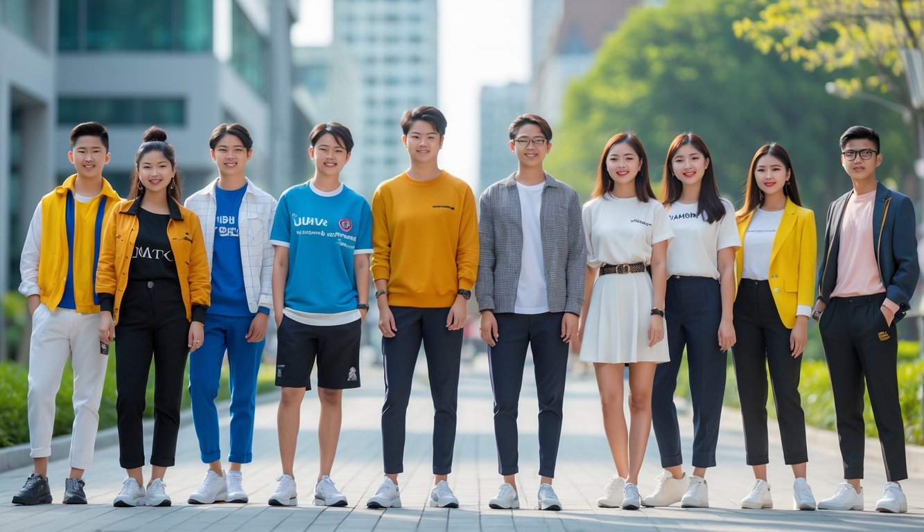 Sekelompok orang muda dengan pakaian modis berdiri di lingkungan perkotaan.