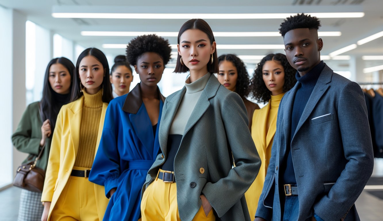 Sekelompok orang beragam usia dan etnis mengenakan pakaian modis di lingkungan perkotaan yang modern.