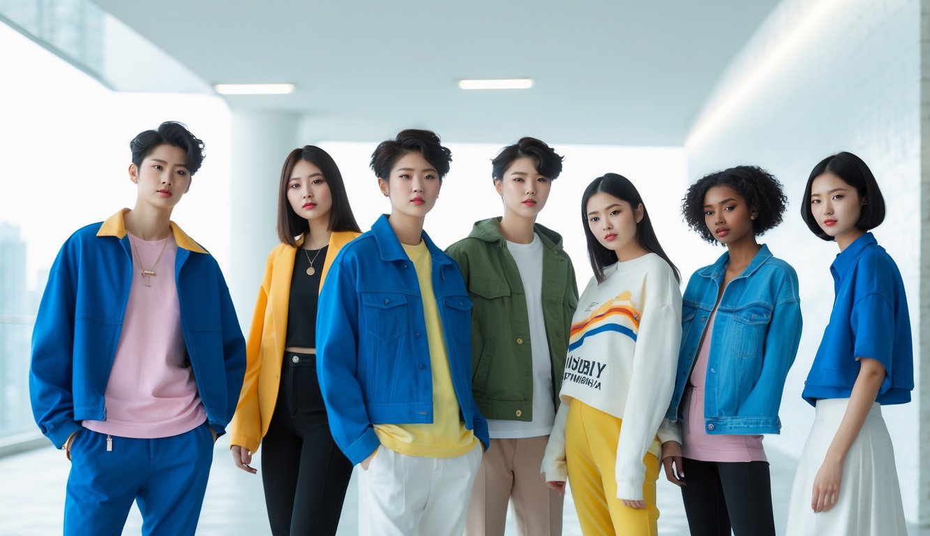 Sekelompok orang muda berpakaian modis dan modern sedang berpose bersama di lingkungan perkotaan yang cerah.