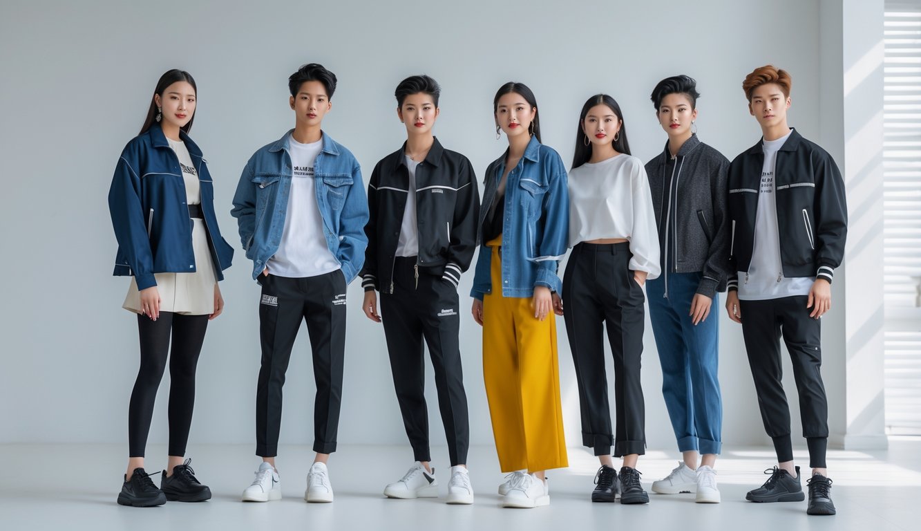 Sekelompok orang muda berpakaian modis dan modern sedang berdiri di lingkungan perkotaan.