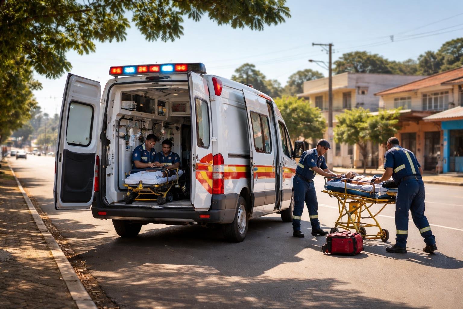 Ambulância em Pranchita: Serviços de Emergência Médica e Transporte de Pacientes na Região Ambulância estacionada em uma rua de Pranchita com paramédicos atendendo a uma emergência durante o dia.