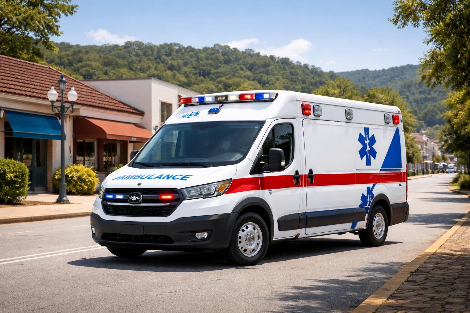 Ambulância em Pranchita: Serviços de Emergência Médica e Transporte de Pacientes na Região Uma ambulância moderna estacionada em uma rua de cidade pequena, com prédios e árvores ao fundo.