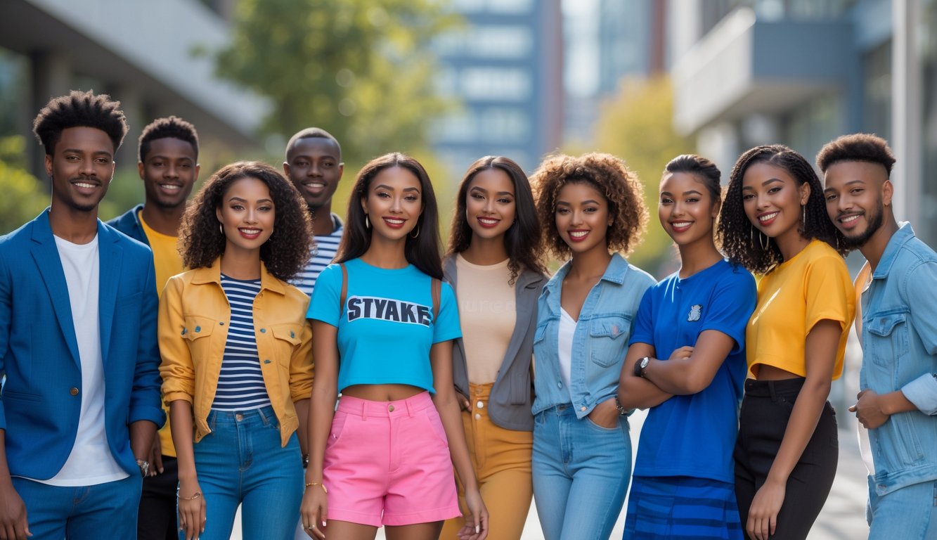 Sekelompok orang muda mengenakan pakaian modis berdiri di luar dengan latar belakang kota, tampak percaya diri dan tersenyum.