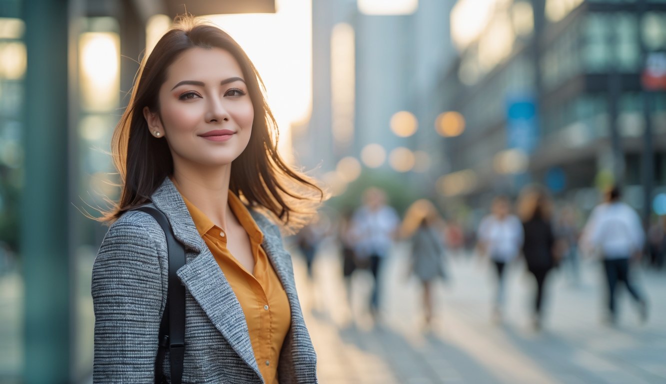 Seorang wanita muda berdiri di kota dengan pakaian modis dan ekspresi percaya diri.