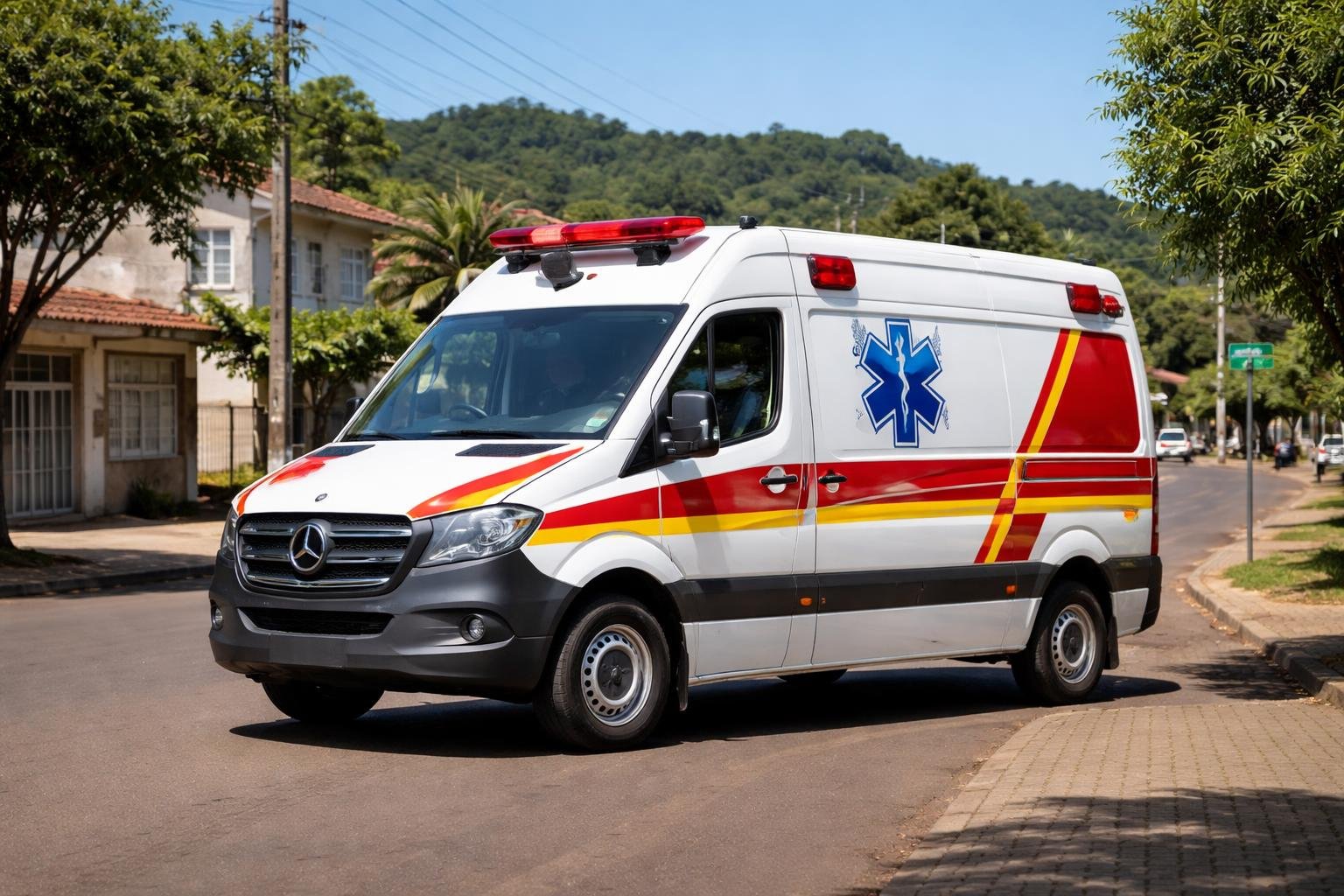 Ambulância branca estacionada em uma rua pavimentada de Santa Izabel do Oeste, com casas e árvores ao redor em um dia ensolarado.