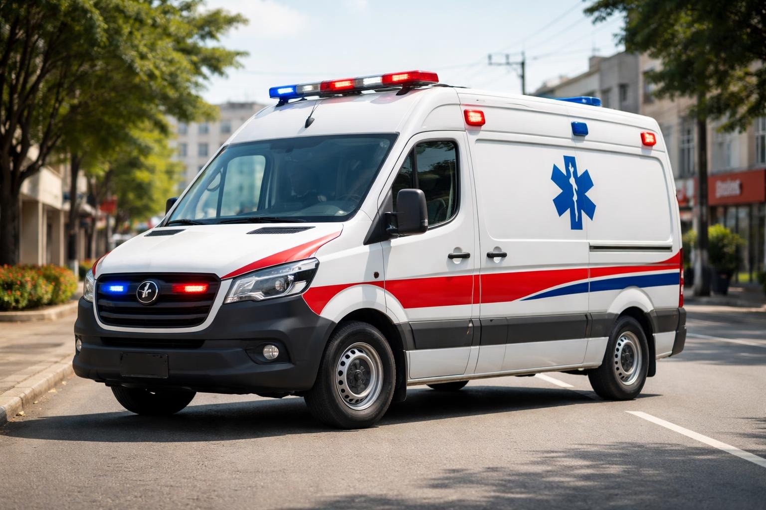 Ambulância branca com marcações vermelhas e azuis estacionada em uma rua da cidade de Santa Izabel do Oeste.