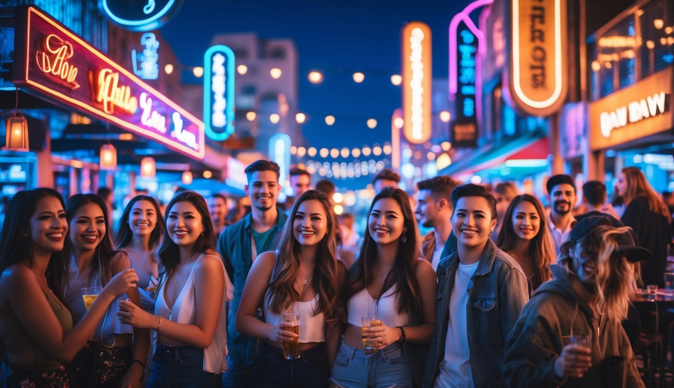 Suasana malam hari yang ramai di tempat hiburan dengan orang-orang bersenang-senang dan lampu warna-warni.