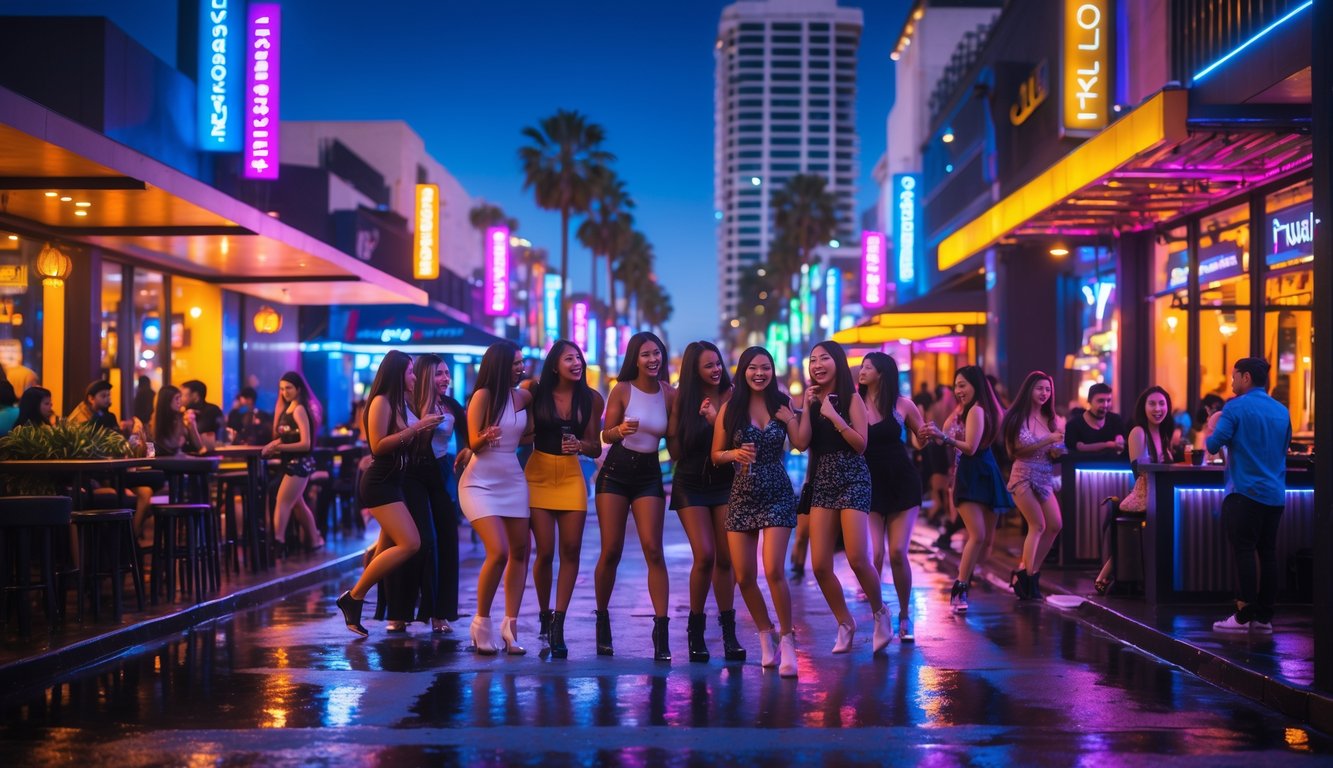 Suasana malam yang ramai di sebuah tempat hiburan dengan banyak orang bersosialisasi dan lampu warna-warni.