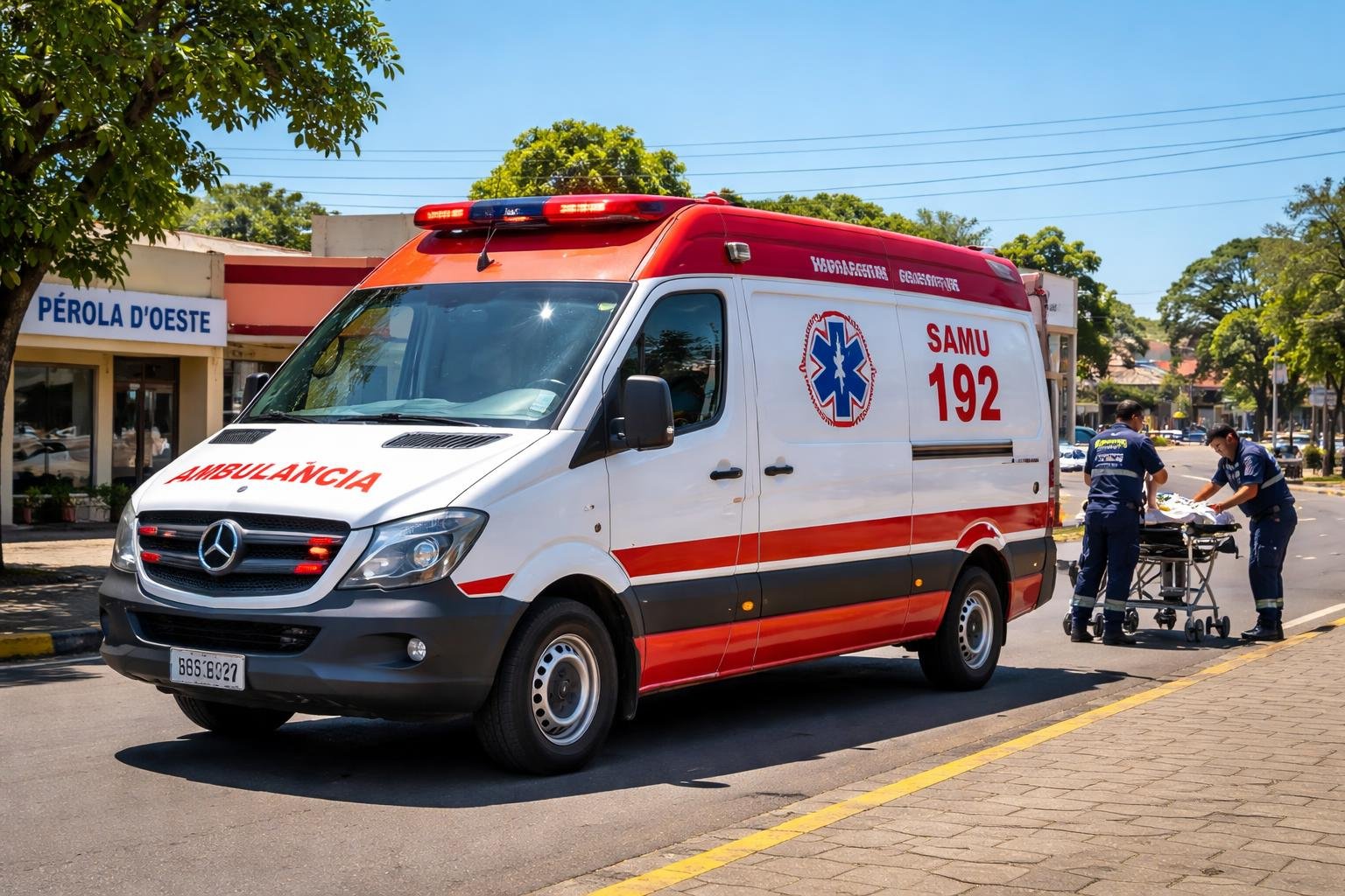Ambulância em Pérola d'Oeste: Serviços de Emergência e Transporte Médico na Região Ambulância estacionada em uma rua de Pérola d'Oeste com paramédicos próximos realizando atividades de atendimento.